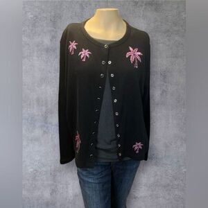 Reference Point Black Cardigan with Pink Palm Tree Embroidery - Size L